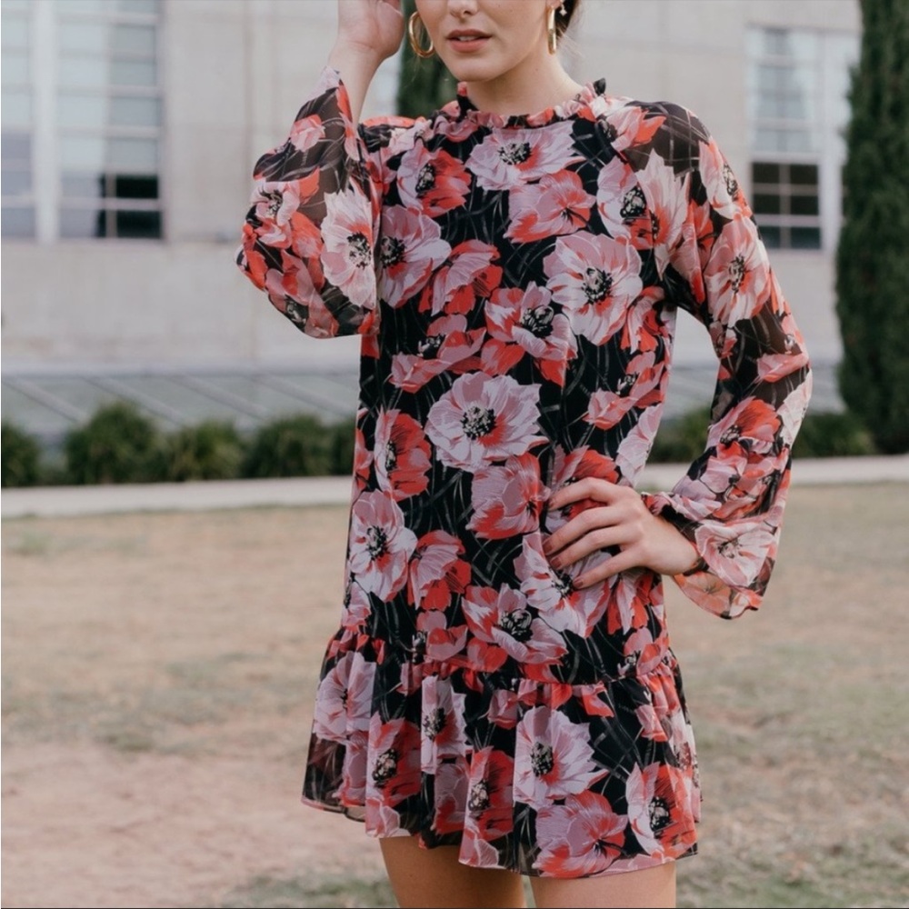 MISA Los Angeles Floral Bell Sleeve Mini Dress